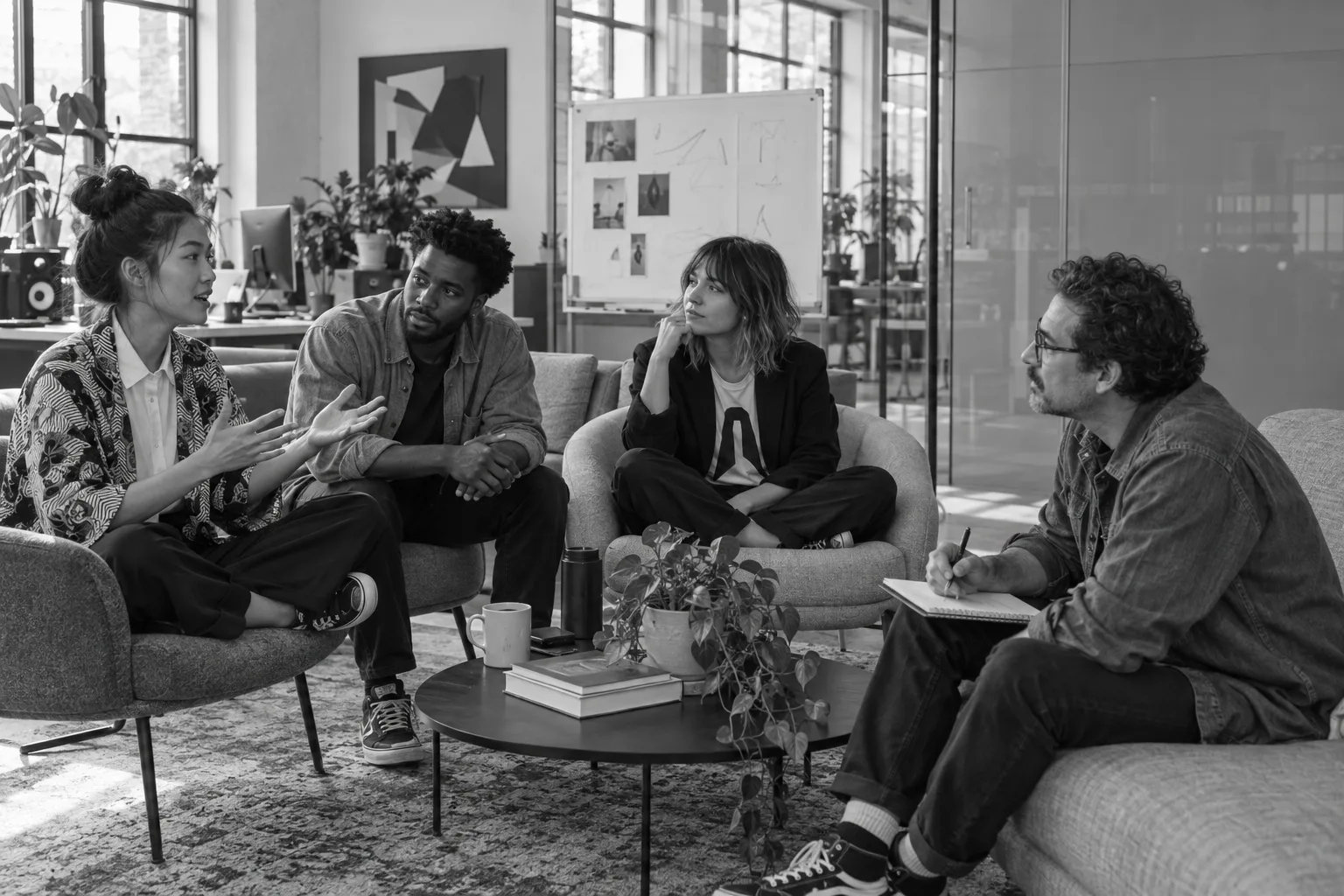 Black-and-white photograph of a small team discussing ideas in a circle of lounge chairs in a modern studio.