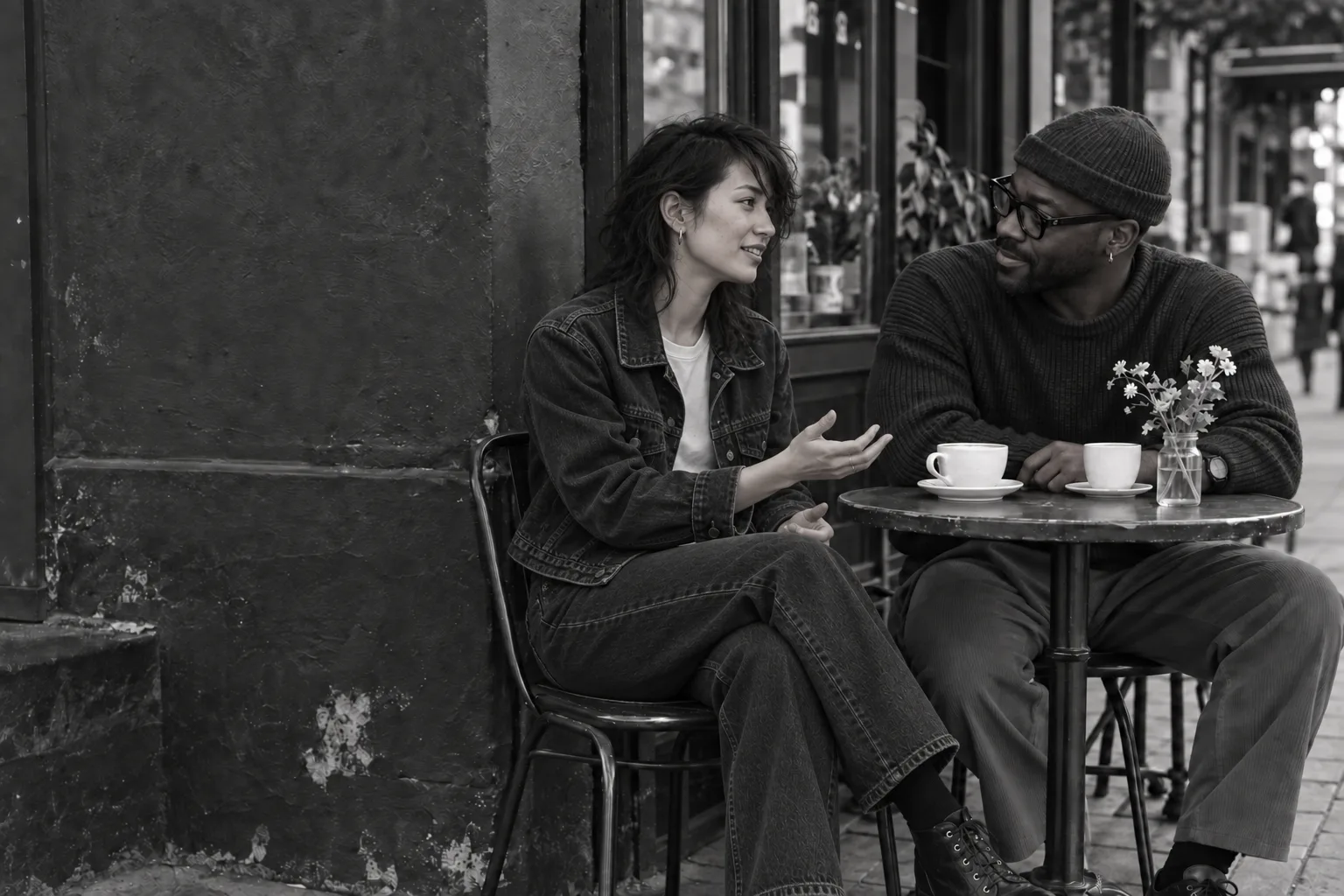 Black-and-white photograph of two people seated at a cafe table, a woman gesturing with a small smile while her companion listens.