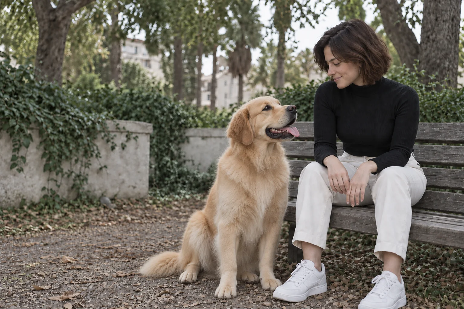 Black-and-white photograph of a woman leaning forward on a park bench, smiling at a broad-headed golden retriever seated beside her.